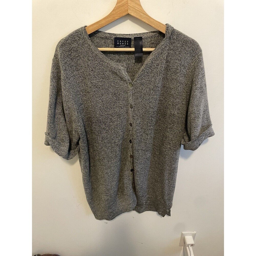 Crazy Horse Women's Gray Solid Knit Button V-Neck 3/4 Sleeve Cardigan, L
